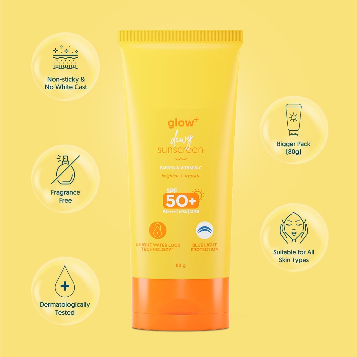 HIRU Glow Dewy Sunscreen SPF 50 PA | For Oily Skin | UVA/B Blue Light Protection | Fragrance-Free | For Men amp; Women | 80g