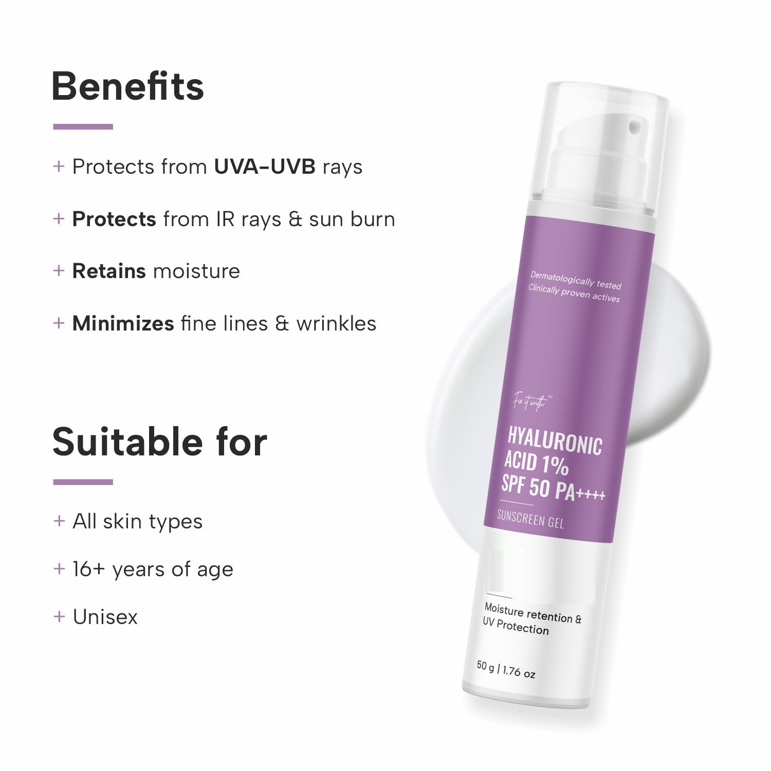 HIRU HYALURONIC ACID 1% SUNSCREEN | SPF 50 PA | FOR ALL SKIN TYPES | NO WHITE CAST | 50G · v2