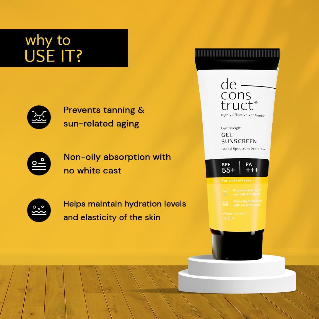 Deconstruct Sunscreen SPF 50 และ PA ครีมกันแดดเนื้อเจลสำหรับทุกสภาพผิว ครีมกันแดดแบบครอบคลุมทุกสเปกตรัม ไม่เหนียวเหนอะหนะ (แพ็คใหม่)