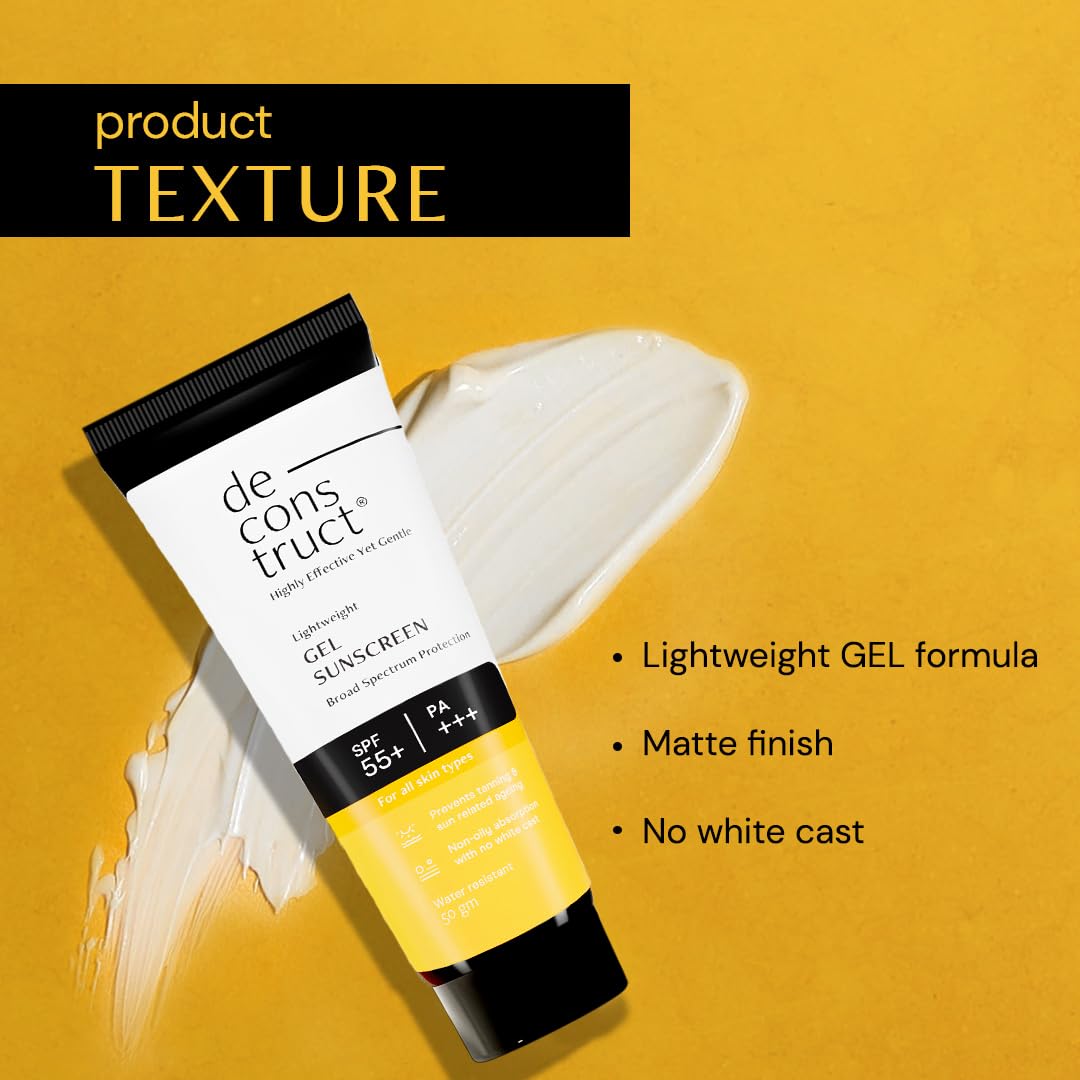 Deconstruct Sunscreen SPF 50 และ PA ครีมกันแดดเนื้อเจลสำหรับทุกสภาพผิว ครีมกันแดดแบบครอบคลุมทุกสเปกตรัม ไม่เหนียวเหนอะหนะ (แพ็คใหม่)