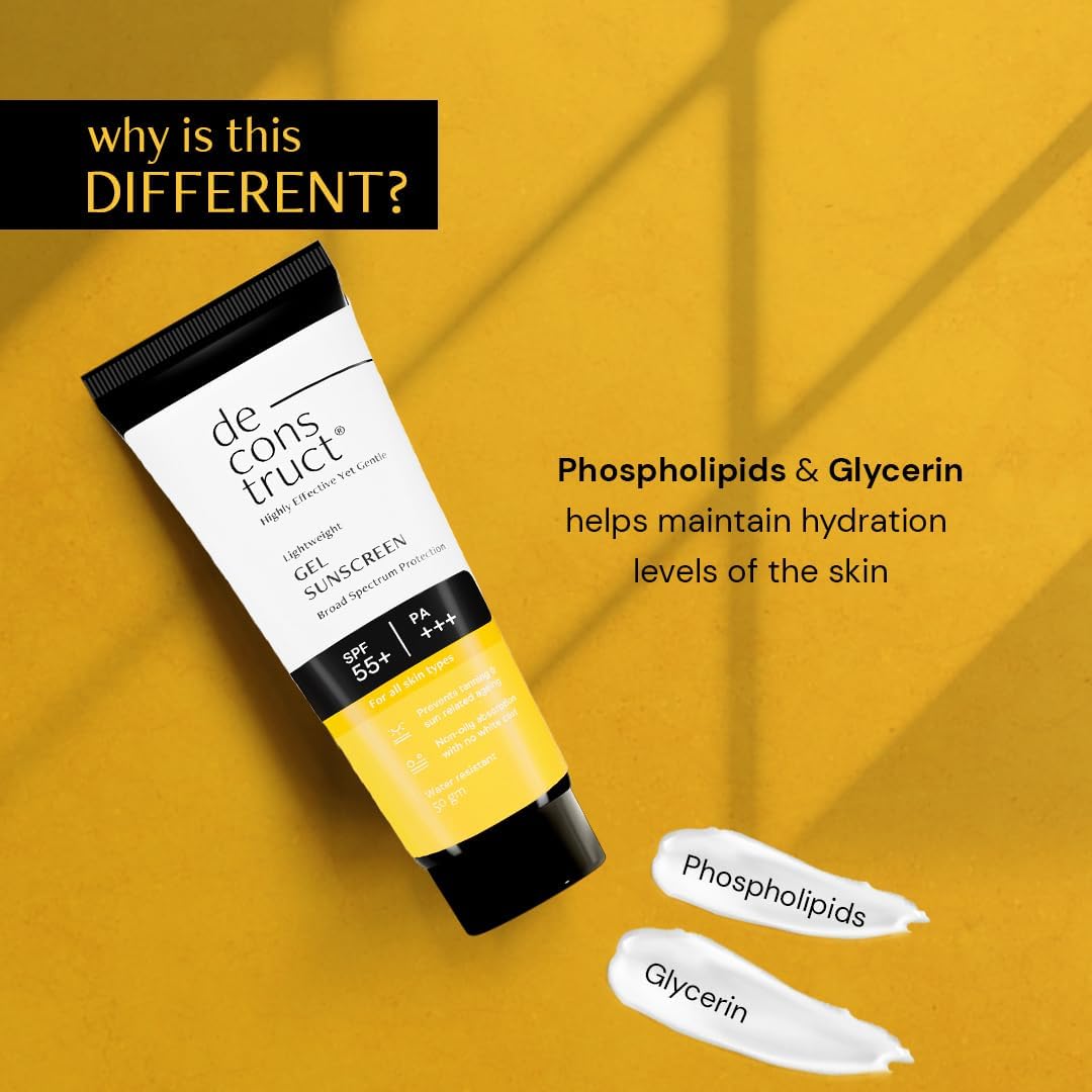 Deconstruct Sunscreen SPF 50 และ PA ครีมกันแดดเนื้อเจลสำหรับทุกสภาพผิว ครีมกันแดดแบบครอบคลุมทุกสเปกตรัม ไม่เหนียวเหนอะหนะ (แพ็คใหม่)