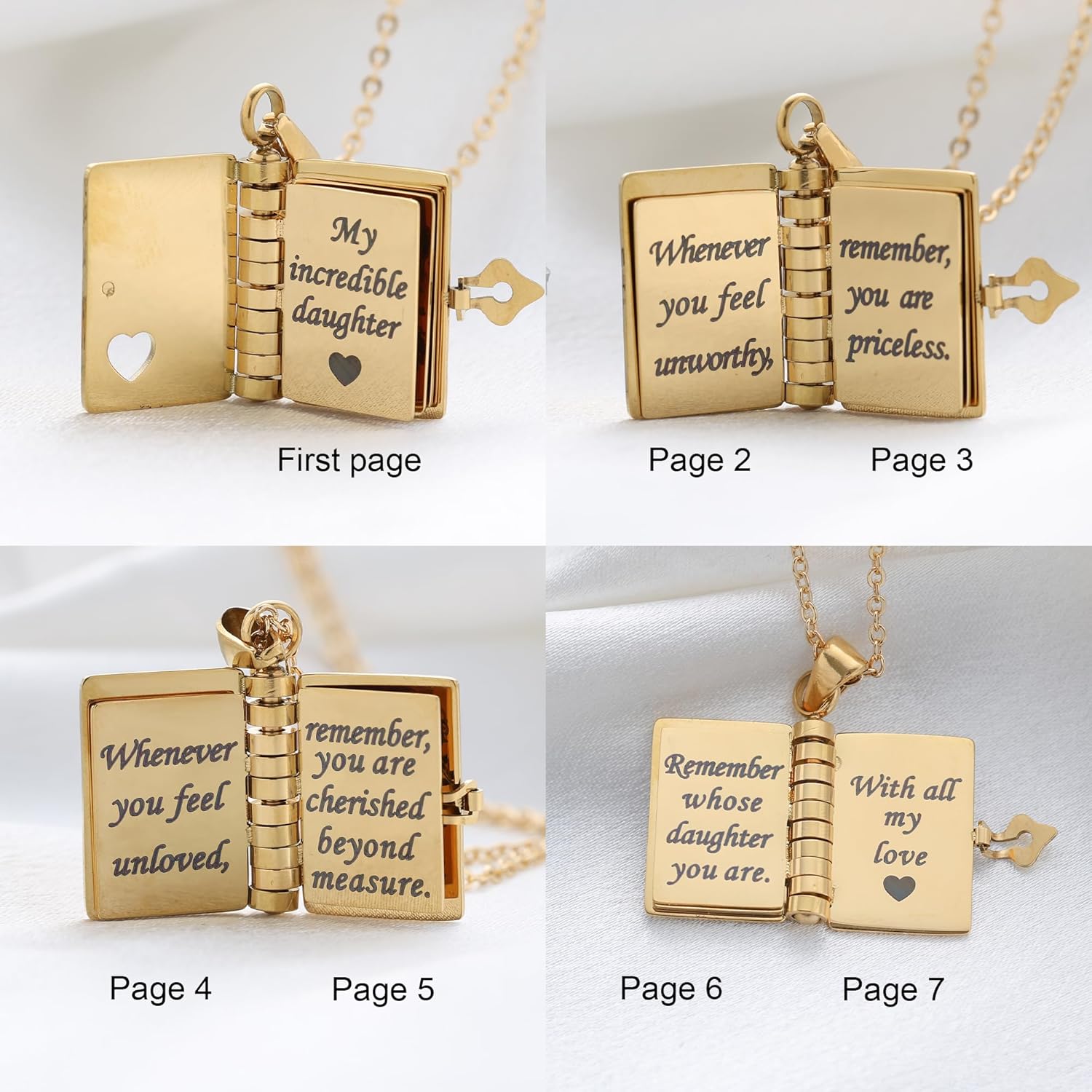 Incredible Dɑughter Jewelry Daughter Love Book Necklace Laser Engraved Necklace for Daughter Page Book Pendant in Stainless Steel Gift from Mom Dad Son · v39
