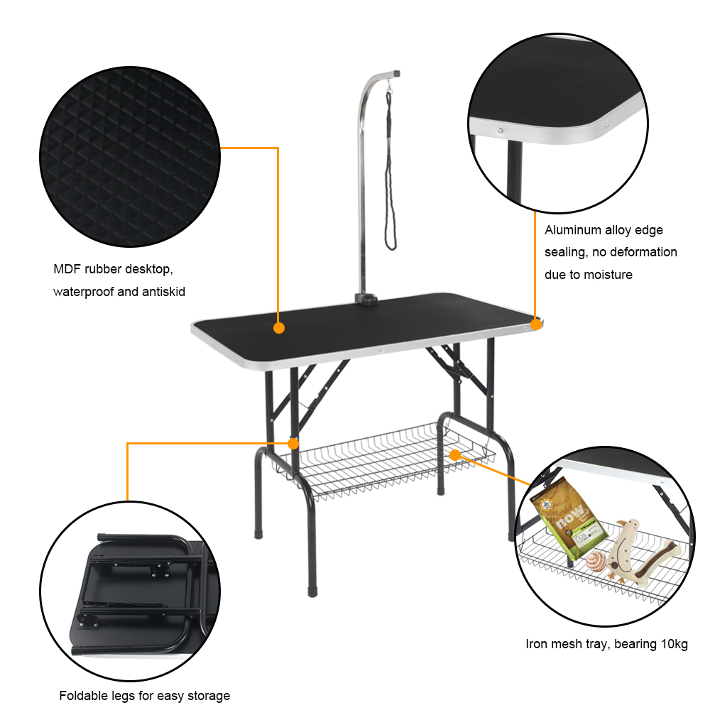 32" Foldable Pet Grooming Table with Mesh Tray Adjustable Arm Silver Base Black Table 81x52x75CM[US-Stock] · v6