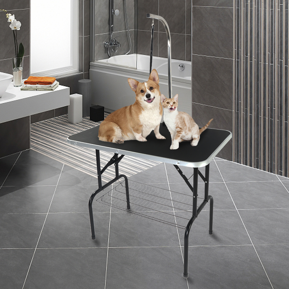 32" Foldable Pet Grooming Table with Mesh Tray Adjustable Arm Silver Base Black Table 81x52x75CM[US-Stock] · v6