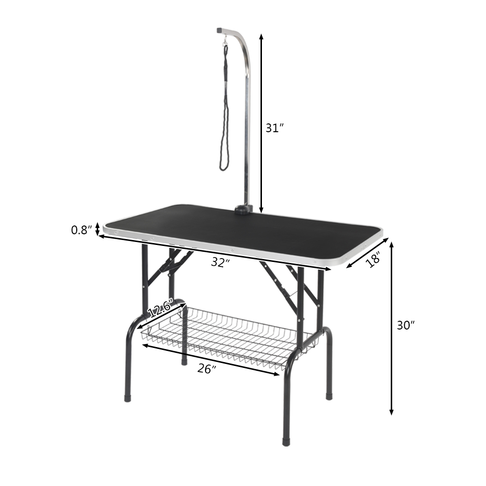 32-calowy składany stół do pielęgnacji zwierząt z siatkową tacą z regulowanym ramieniem Srebrna podstawa Czarny stół 81x52x75cm [W magazynie]