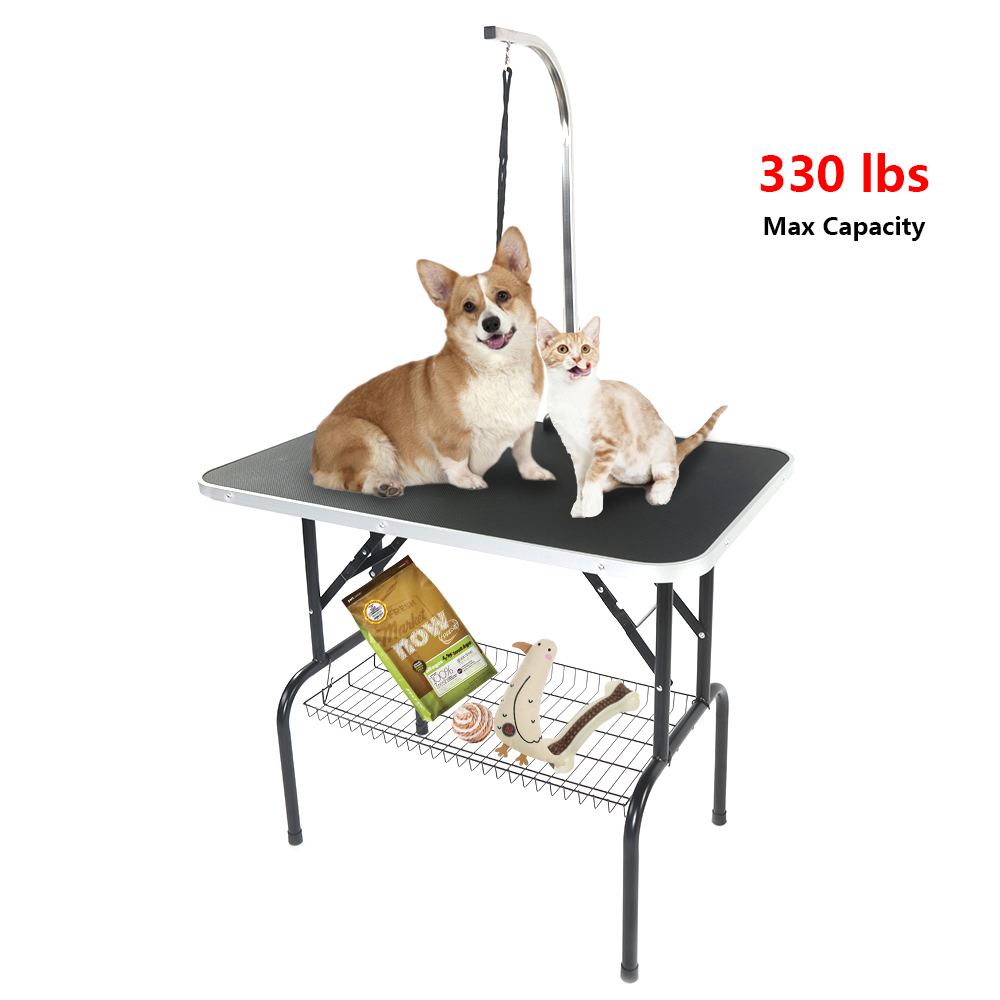 32" Foldable Pet Grooming Table with Mesh Tray Adjustable Arm Silver Base Black Table 81x52x75CM[US-Stock] · v6