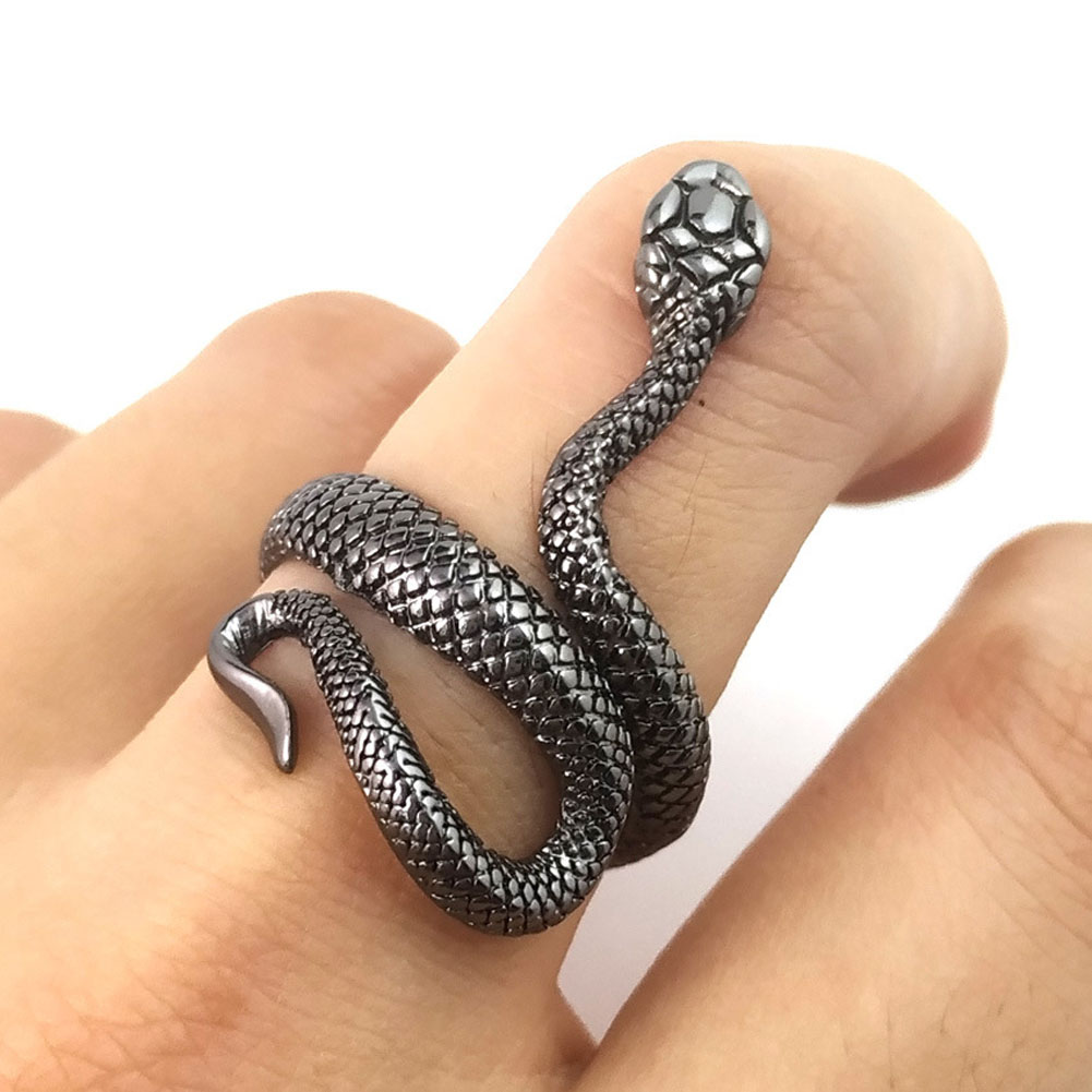 Anillo retro punk con forma de serpiente para hombre y mujer, exagerado, color plata envejecida, moda, personalidad, personalidad, apertura estereoscópica, anillos ajustables