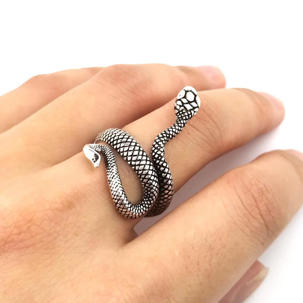 Anillo retro punk con forma de serpiente para hombre y mujer, exagerado, color plata envejecida, moda, personalidad, personalidad, apertura estereoscópica, anillos ajustables