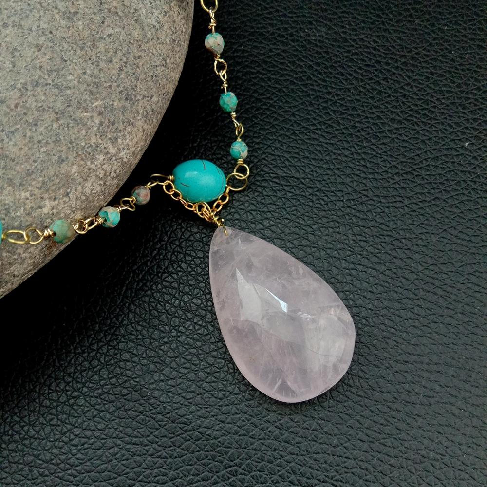 YYGEM Genuine rose Quartz Teardrop Pendant  7 Strands Sea Sediment Jaspers Pink Crystal Necklace  hyperbole ethnic for women