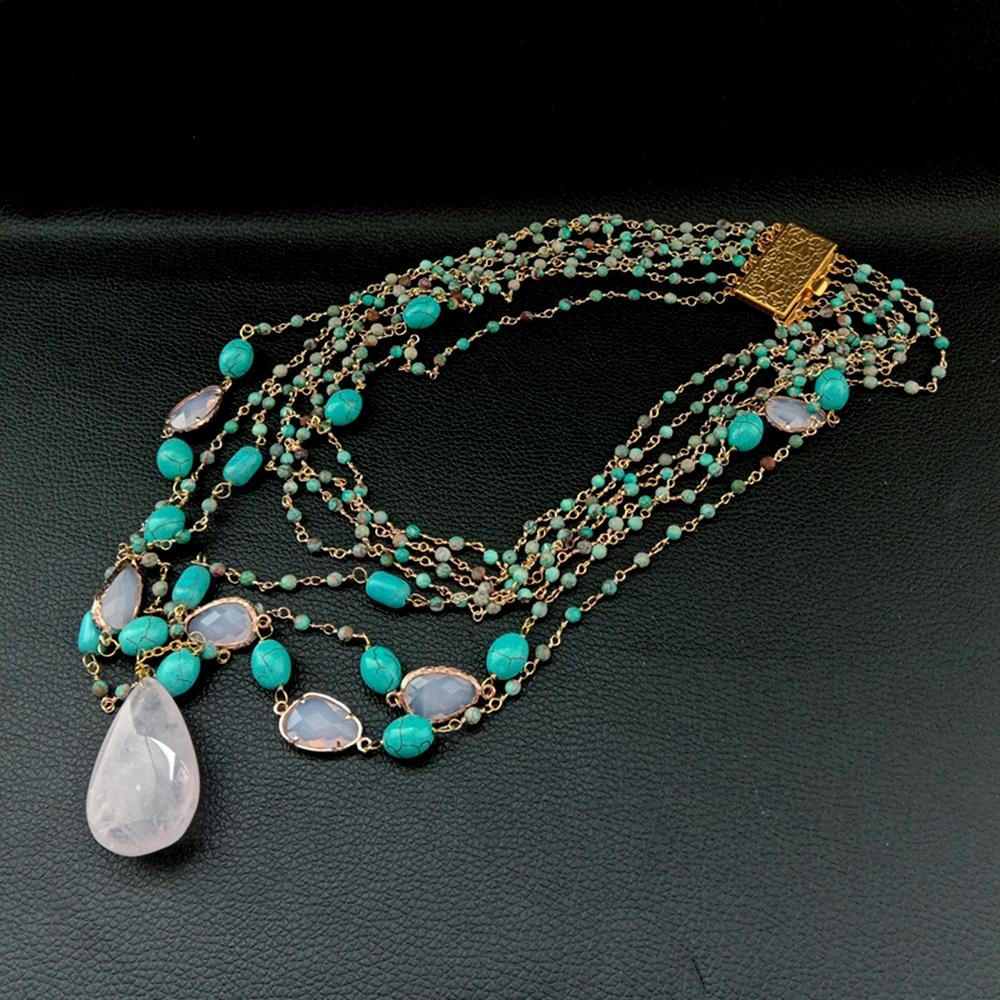 YYGEM Hakiki gül Kuvars Gözyaşı Damlası Kolye 7 Telli Deniz Sedimenti Jasper Pembe Kristal Kolye kadınlar için abartılı etnik