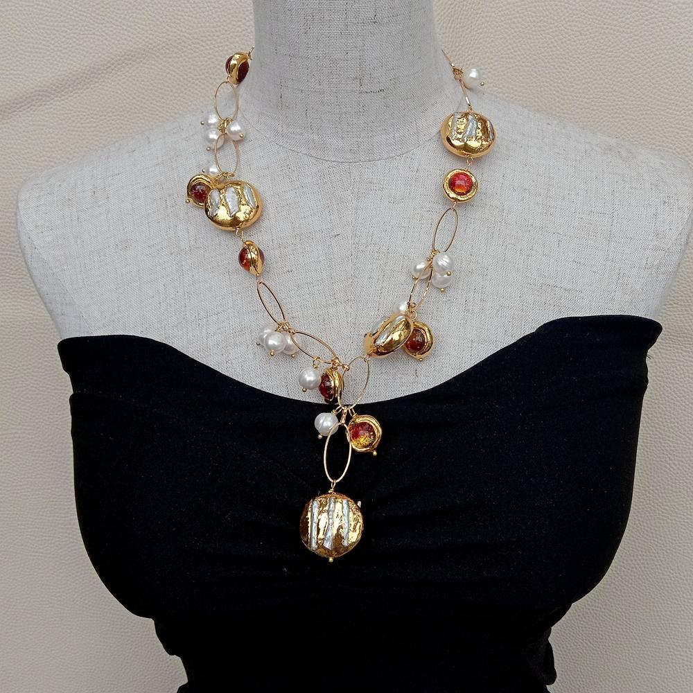 Y.YING Freshwater Cultured White Biwa Pearl Brown Murano Glass Chain Pearl Y-Drop Necklace 21"