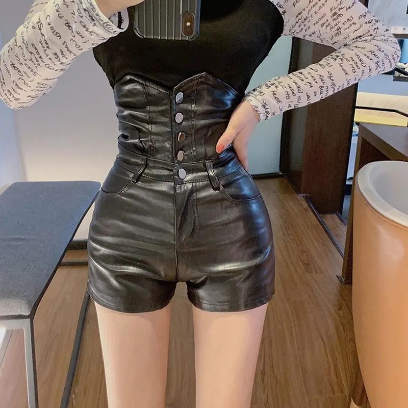 Trendy Women's PU Leather Shorts High Waist Button Ladies Slim Pockets Female Spring Black Sexy Stylish Shorts Trousers Woman