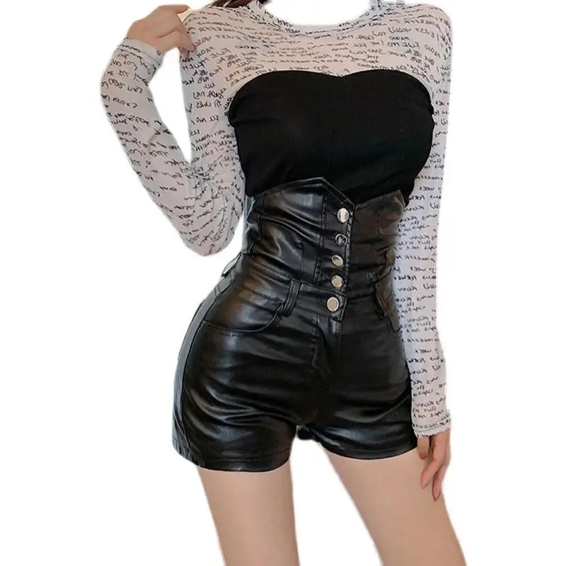 Trendy Women's PU Leather Shorts High Waist Button Ladies Slim Pockets Female Spring Black Sexy Stylish Shorts Trousers Woman