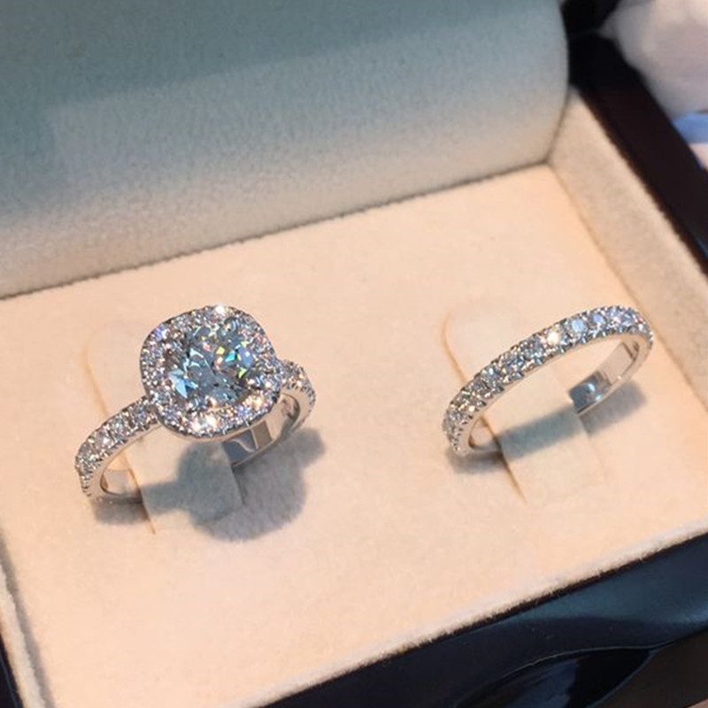 Luxury Exquisite Silver Color Princess Ring for Women Fashion Inlaid White Zircon Stones Wedding Rings Set Engagement Jewelry · v2