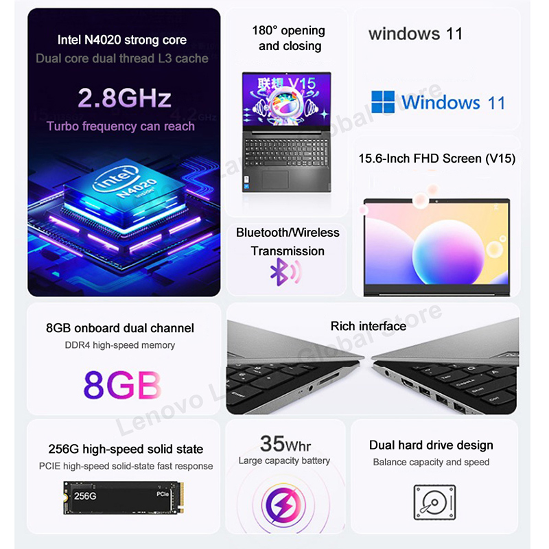 Lenovo Yangtian V15 Laptop Intel N4020 Dual Core CPU 8G+256G/512G SSD 15.6-Inch FHD Screen Notebook Computer (Cheap Laptop PC)