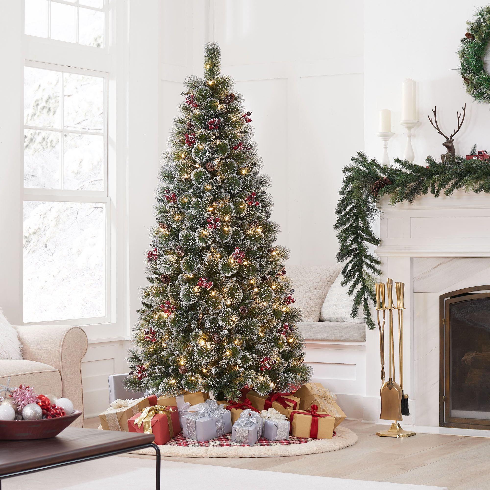 Beautiful Christmas Decoration 6.5ft Pre-Lit Glittering Frost Pine Christmas Tree, Warm White LED, Green, 6.5' · v2