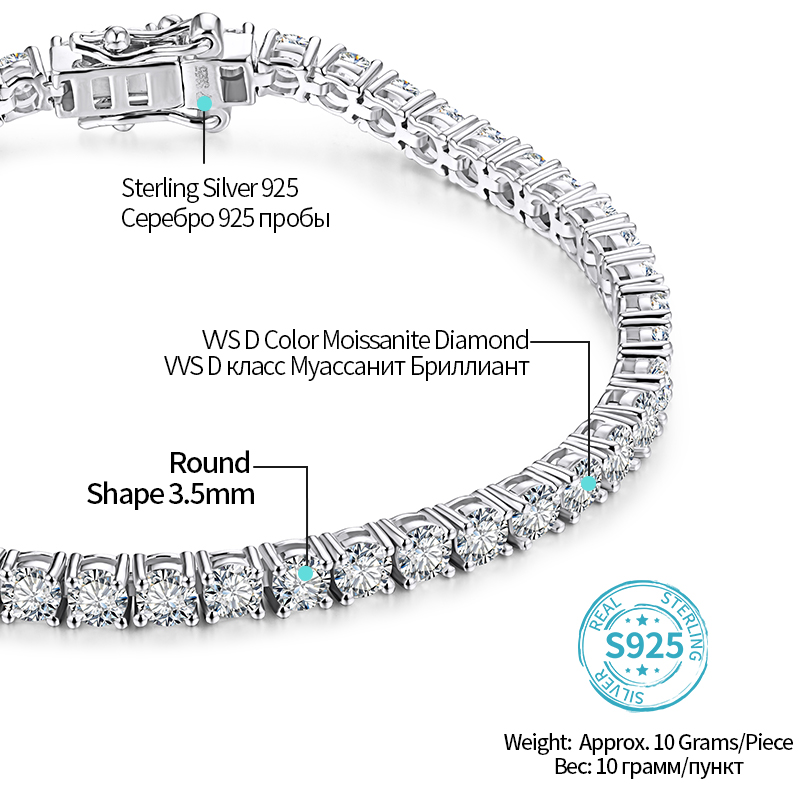 ATTAGEMS Solid 925 Sterling Silver Moissanite Tennis Bracelets for Women Round 3.5mm Charm Bracelet for Engagement Party Gifts · v3