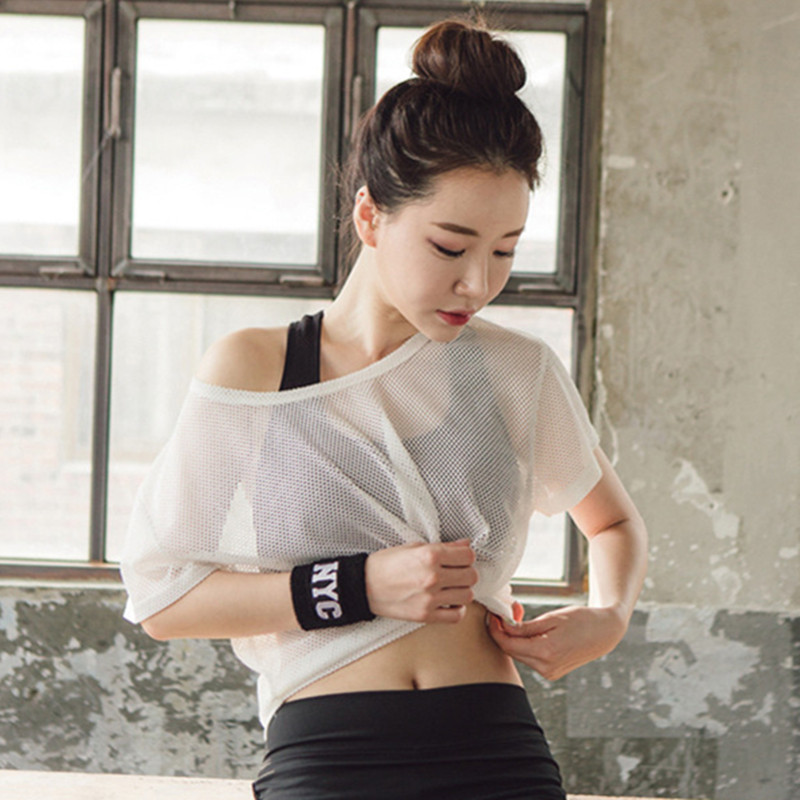 Creema Minne sexy gashirt van mesh voor dames, sneldrogend, sport-fitness-hardloopshirt, gymtanktop, trainingsoefeningen, T-shirt, sportkleding