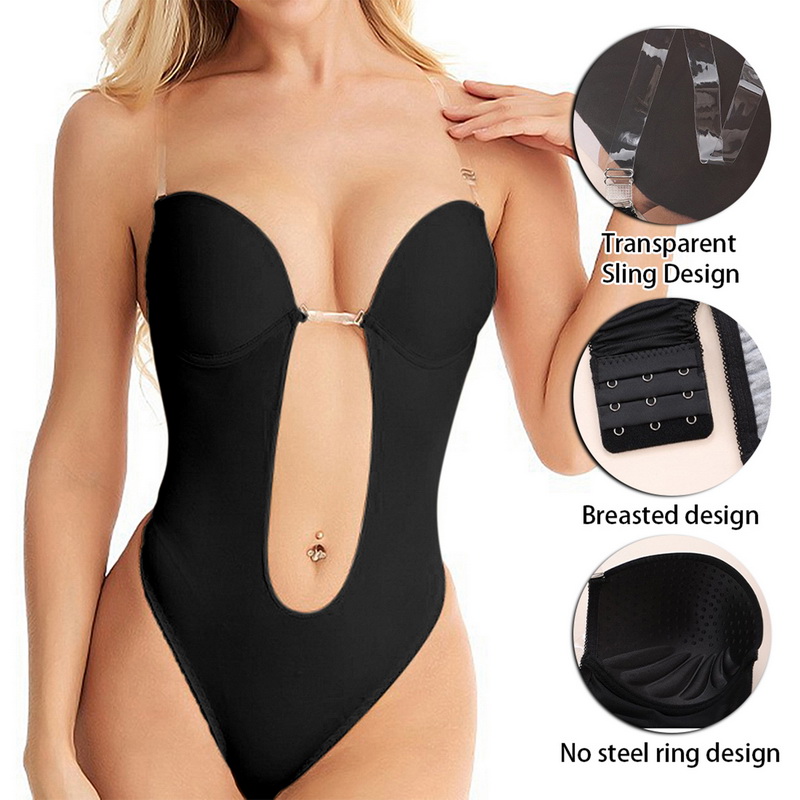 Eekisuf Women Sexy Full Bodysuit Shapewear Deep V-Neck Backless U Plunge Thong Waist Trainer Invisible Padded Push Up Corset