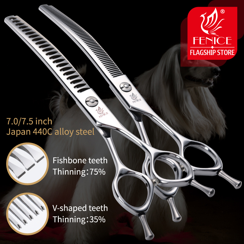 Fenice 7.0/7.5 inch Professional Dog Grooming Shears Curved Thinning Scissors for Dog Face Body Cutiing JP 440C High Quality