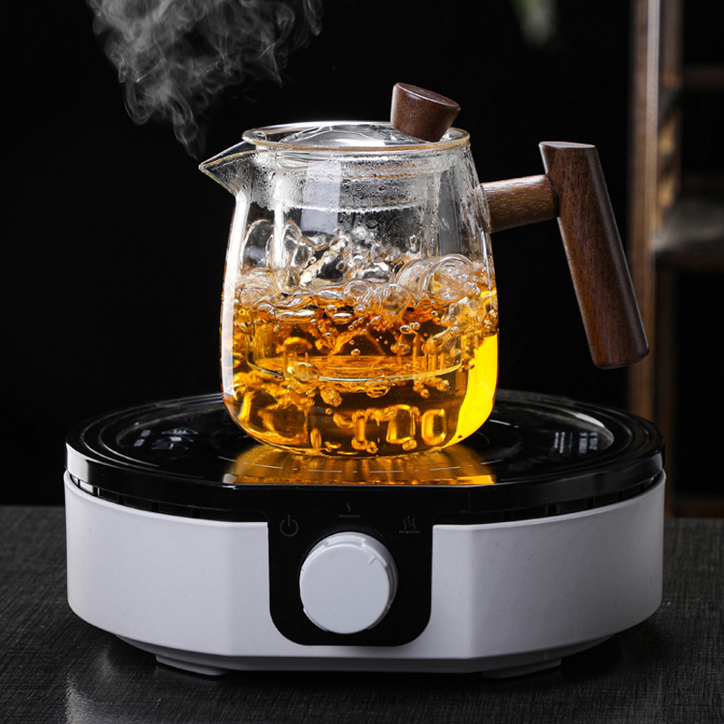 HMLOVE Teiera in vetro con manico in legno per cerimonia del tè cinese Set da tè trasparente con filtro in silicone ad alto contenuto di boro Pentola Janpanese 480 ml