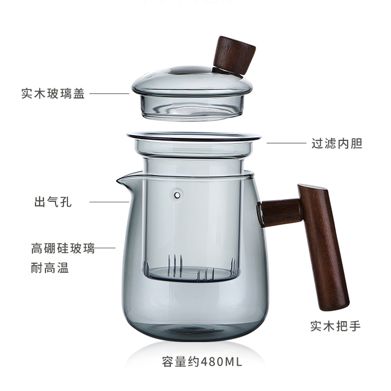 HMLOVE Glas-Teekanne mit Holzgriff, chinesische Teezeremonie, transparentes Teekannenset, Tassenfilter, japanischer Topf mit hohem Borgehalt an Silizium, 480 ml