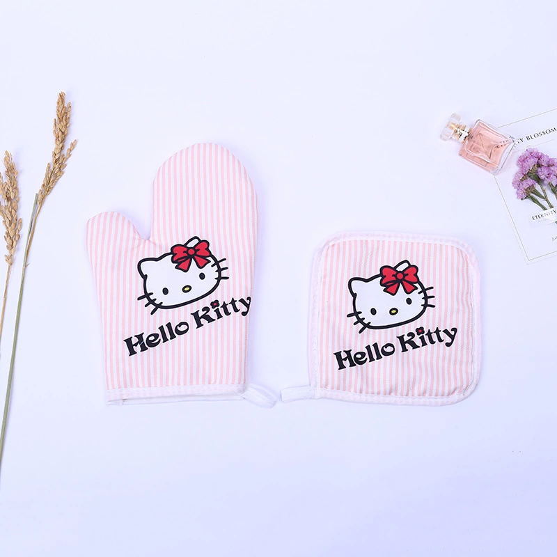 Kawaii Sanrio Hellokitty Cartoon Insulated Microwave Oven Glove Cushion Set Kitchen Oven Baking Gloves Articles for Daily Use · v3