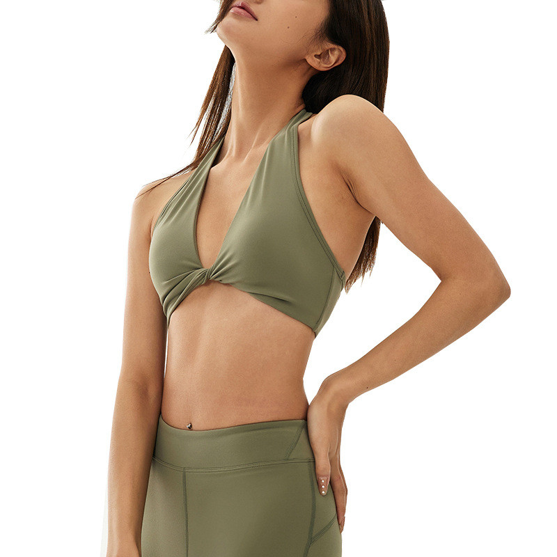 Sport-BH mit plissiertem Kreuzdesign für Damen, Neckholder, Fitness-Top, sexy, dunkles V-Design, Yoga-BH, gepolsterte Trainingsunterwäsche