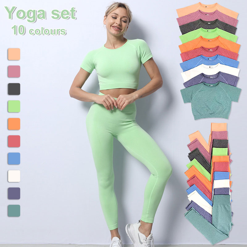 Seamless Women Yoga Set Workout Shirts Sport Pants Bra Gym Suits Fitness Shorts Crop Top High Waist Running Leggings Sports Sets