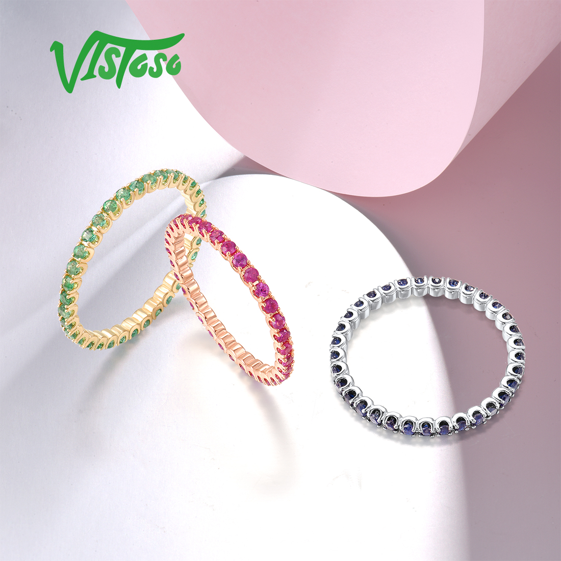 Anillo VISTOSO de oro blanco, rosa y amarillo puro de 14 quilates para mujer con zafiro azul, rubí y esmeralda, anillo de eternidad de estilo simple, regalo, joyería fina