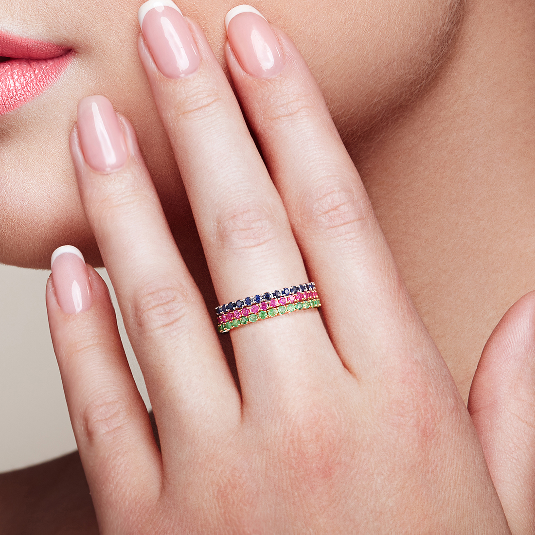 Anillo VISTOSO de oro blanco, rosa y amarillo puro de 14 quilates para mujer con zafiro azul, rubí y esmeralda, anillo de eternidad de estilo simple, regalo, joyería fina