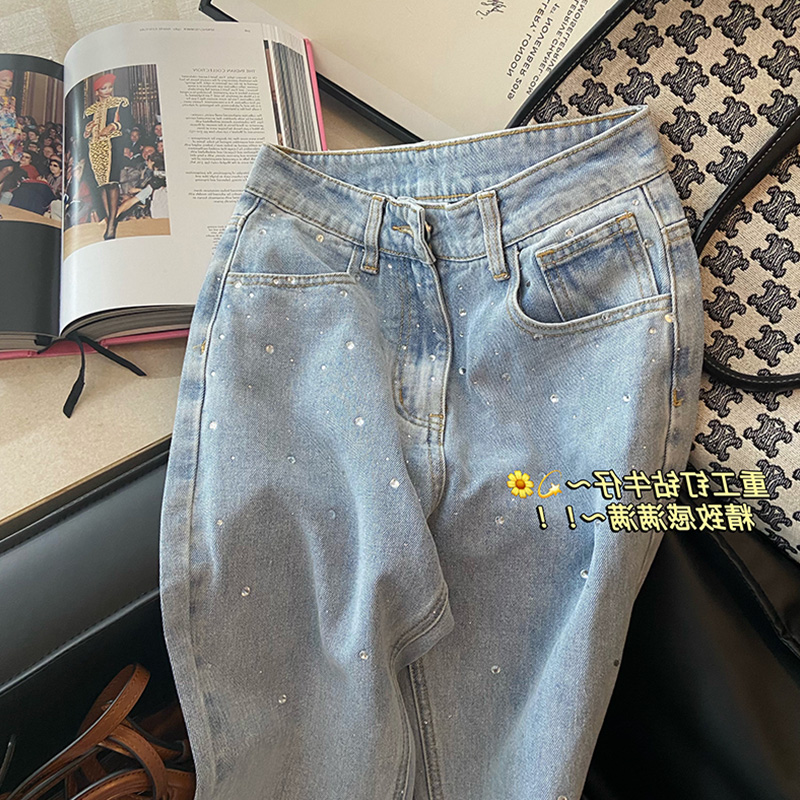 Women Summer Wide Leg Denim Pants Blue High Waist Diamonds Straight Loose Trouser High Street Fashion Jeans Mujer Harajuku Tide