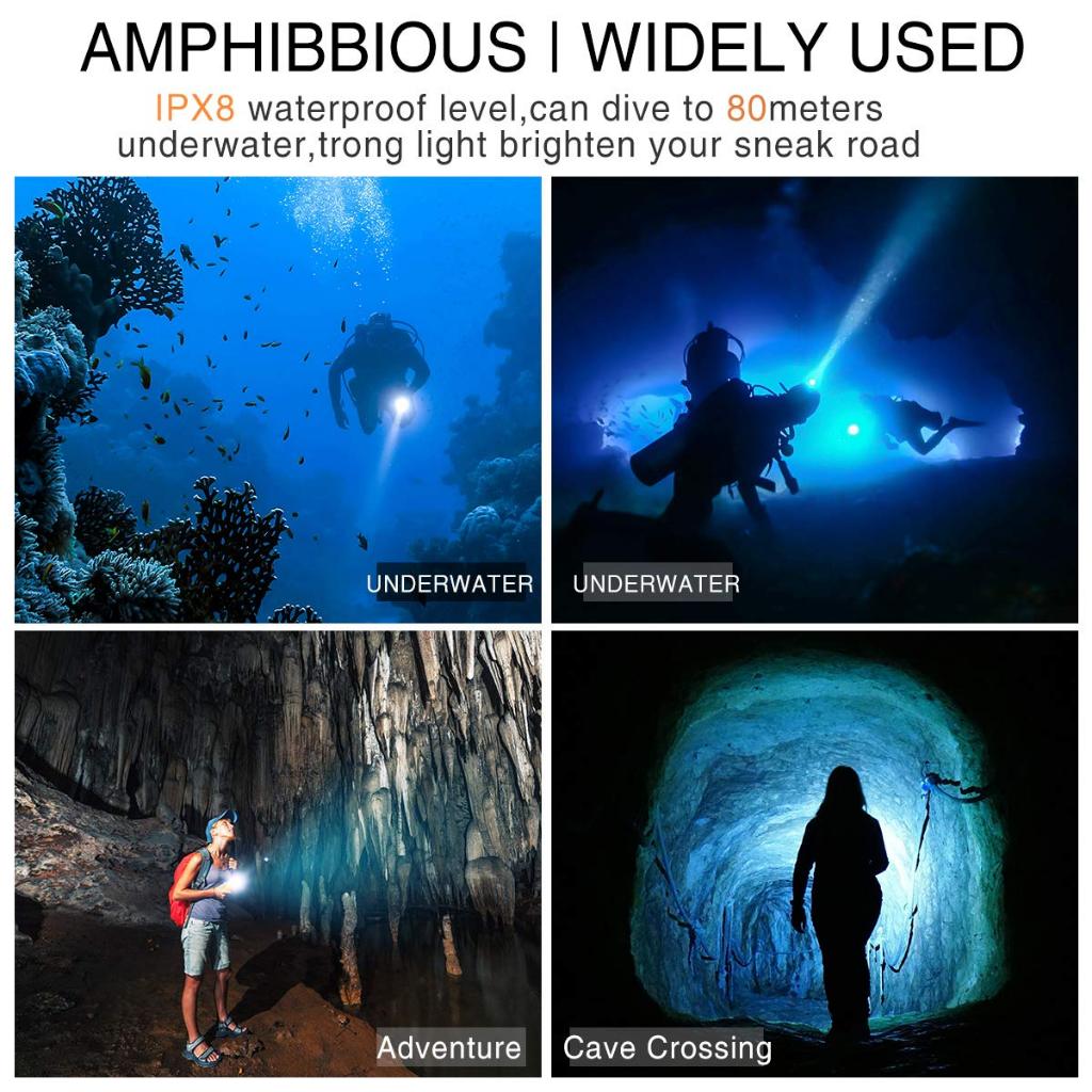 Diving Flashlight Dive Torch 2000 Lumen Waterproof Underwater XM-L2 LED Submarine Lights for Under Water Deep Sea