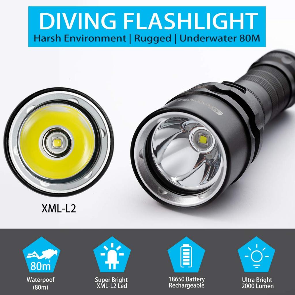 Diving Flashlight Dive Torch 2000 Lumen Waterproof Underwater XM-L2 LED Submarine Lights for Under Water Deep Sea